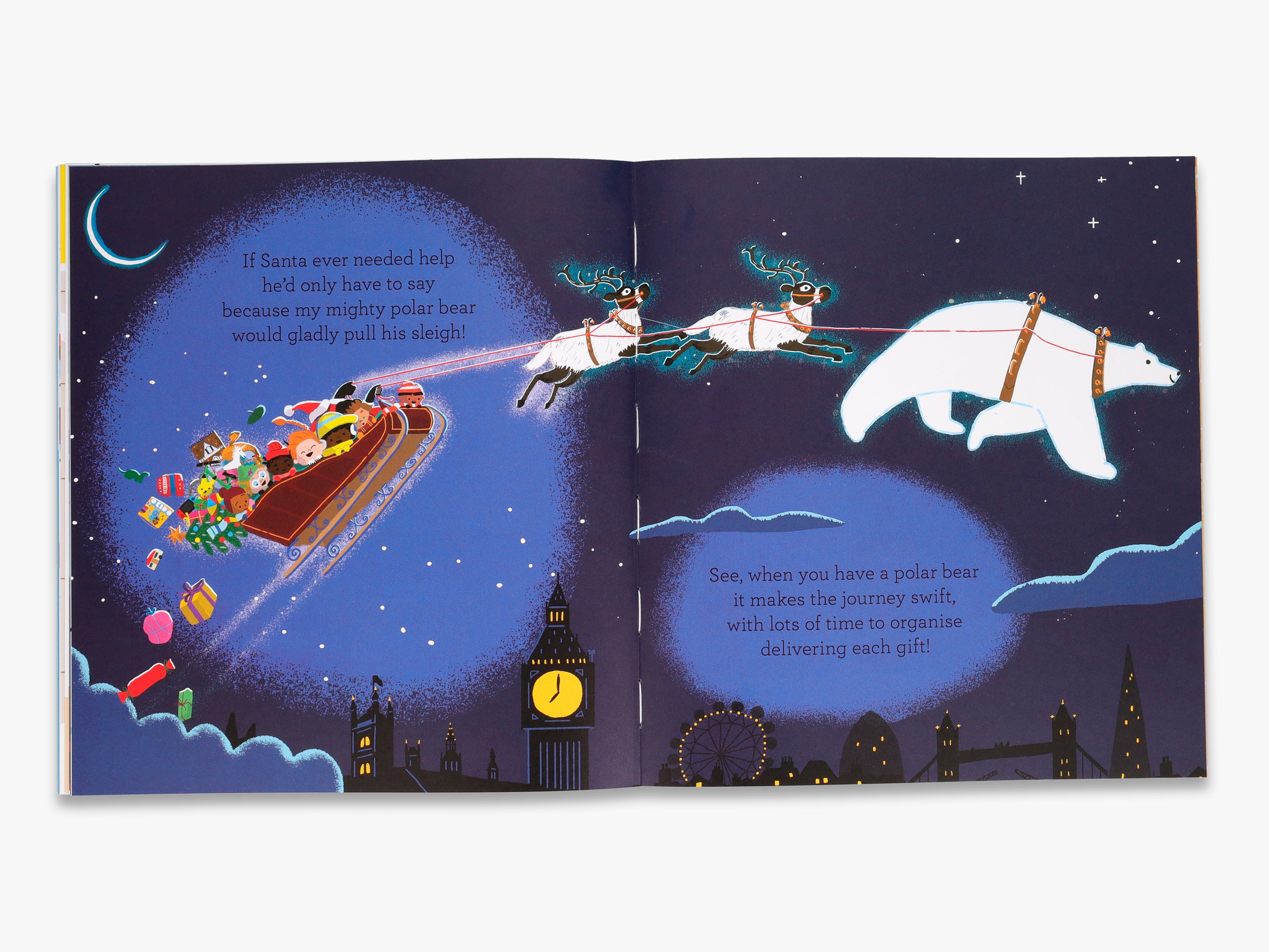 Illustrated book page with Santa's sleigh and polar bear delivering presents over a cityscape at night.