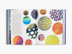 Open book showing colorful illustrations of fish scales on a white background