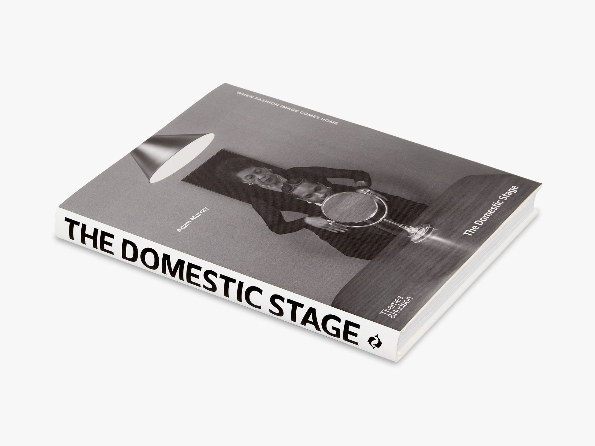 Book cover of 'The Domestic Stage' with a black and white photo of a woman and man with a mirror, on a white background.