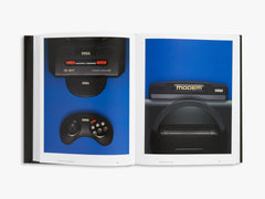Open book showing images of a Sega Mega Drive and modem on a blue background