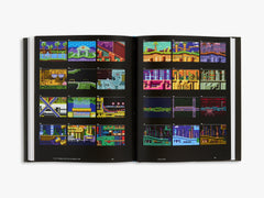 Open book displaying a grid of colorful video game screen captures on a white background