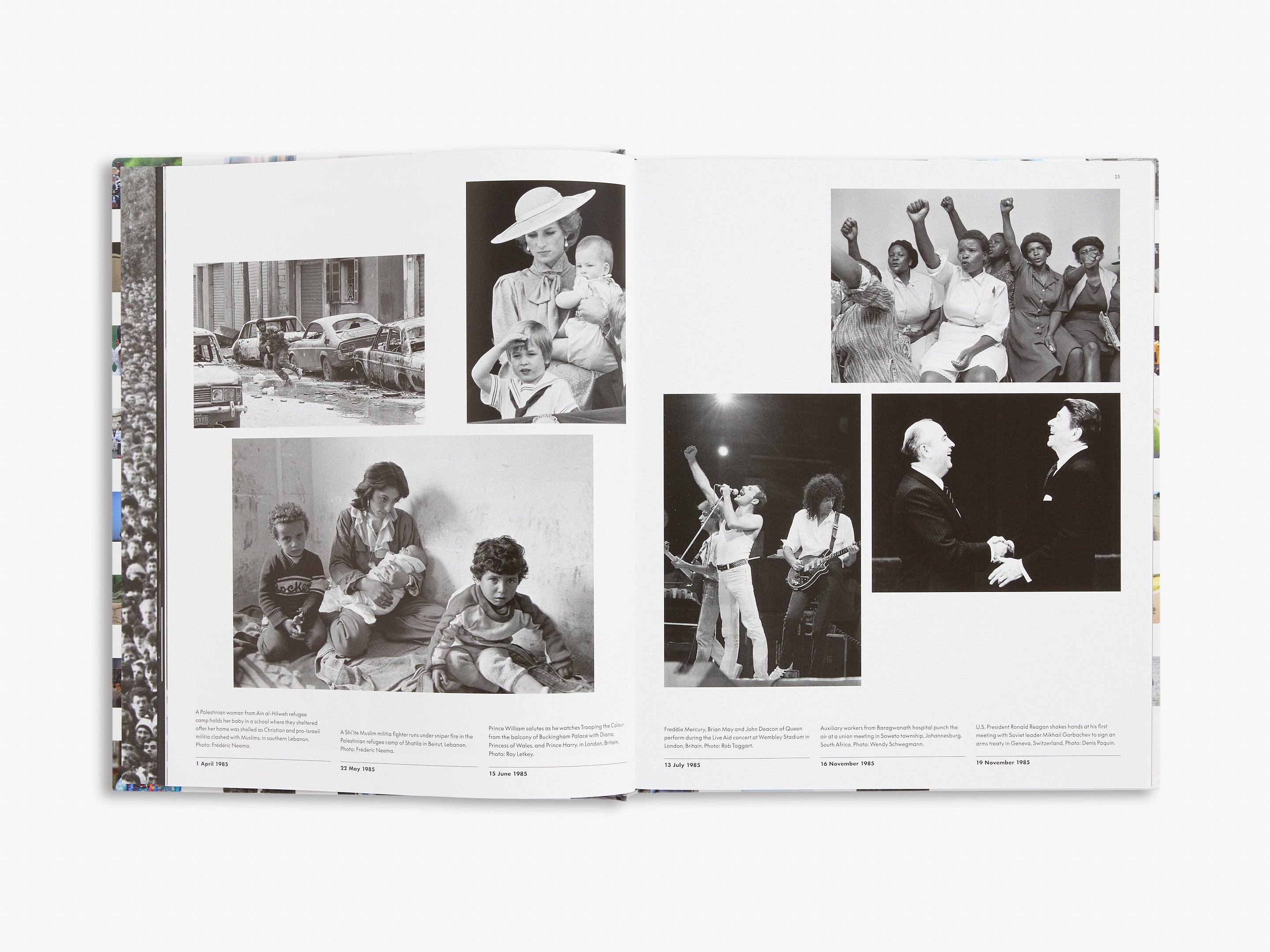 Open book displaying black and white photographs of people in various settings.