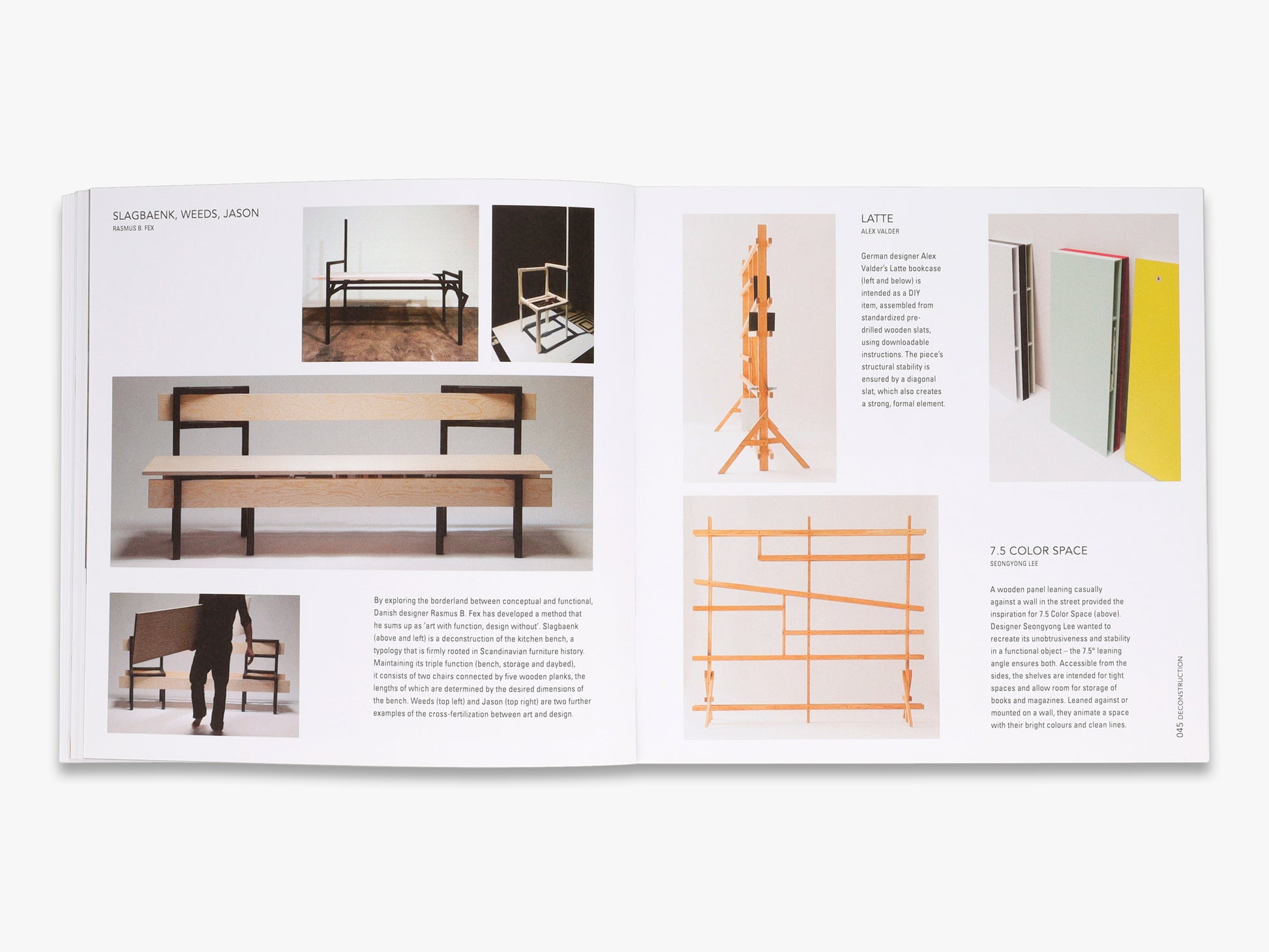 Open book displaying images of furniture and design elements on a white background