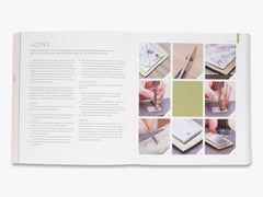Open book showing text and images of hands working with tools on a white background