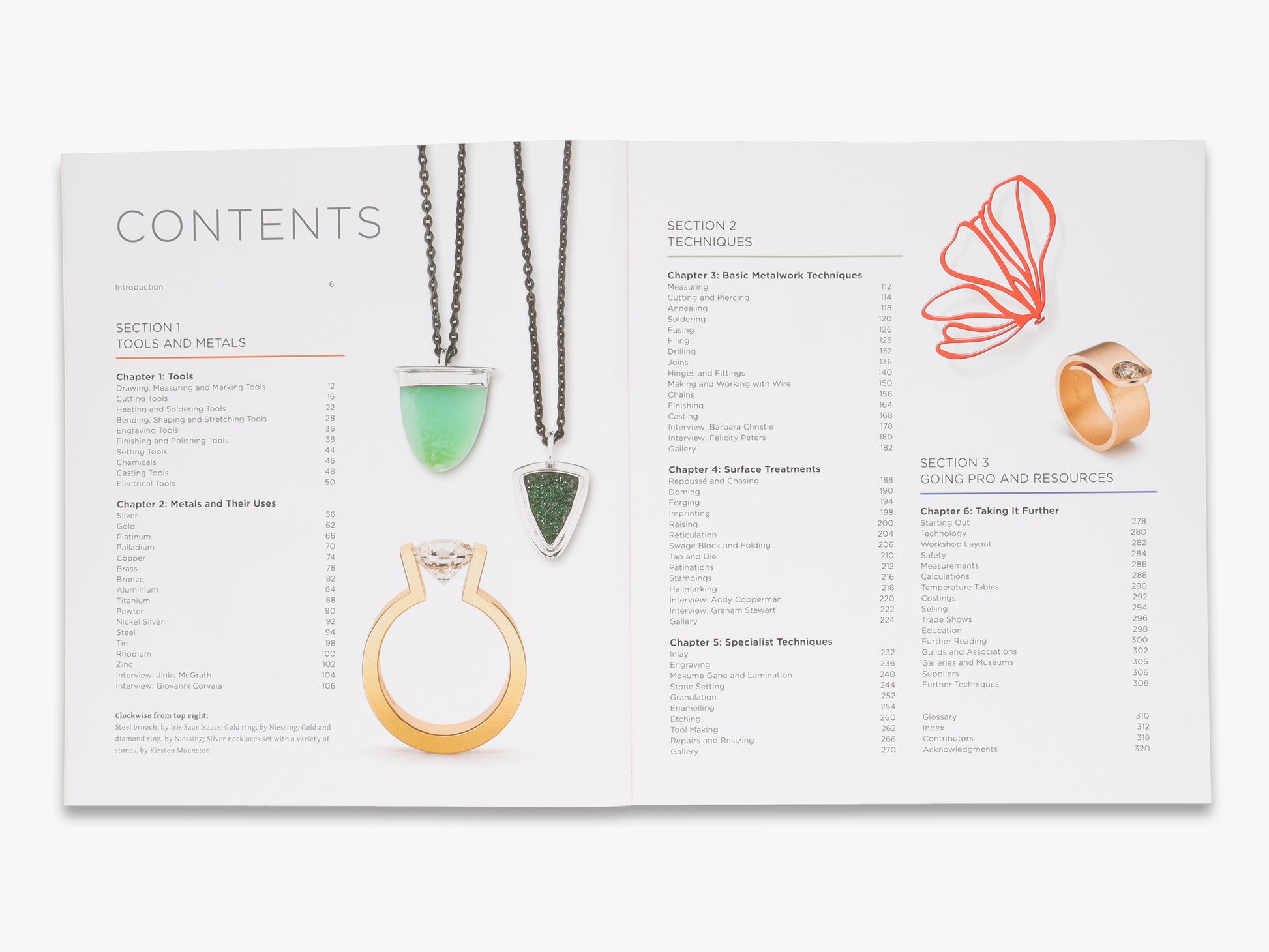 Table of contents for a jewelry-making manual with illustrations of jewelry pieces.