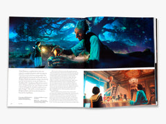 Open book showing a fantasy scene with a person in a blue outfit and a child, followed by an indoor scene with people around a table.