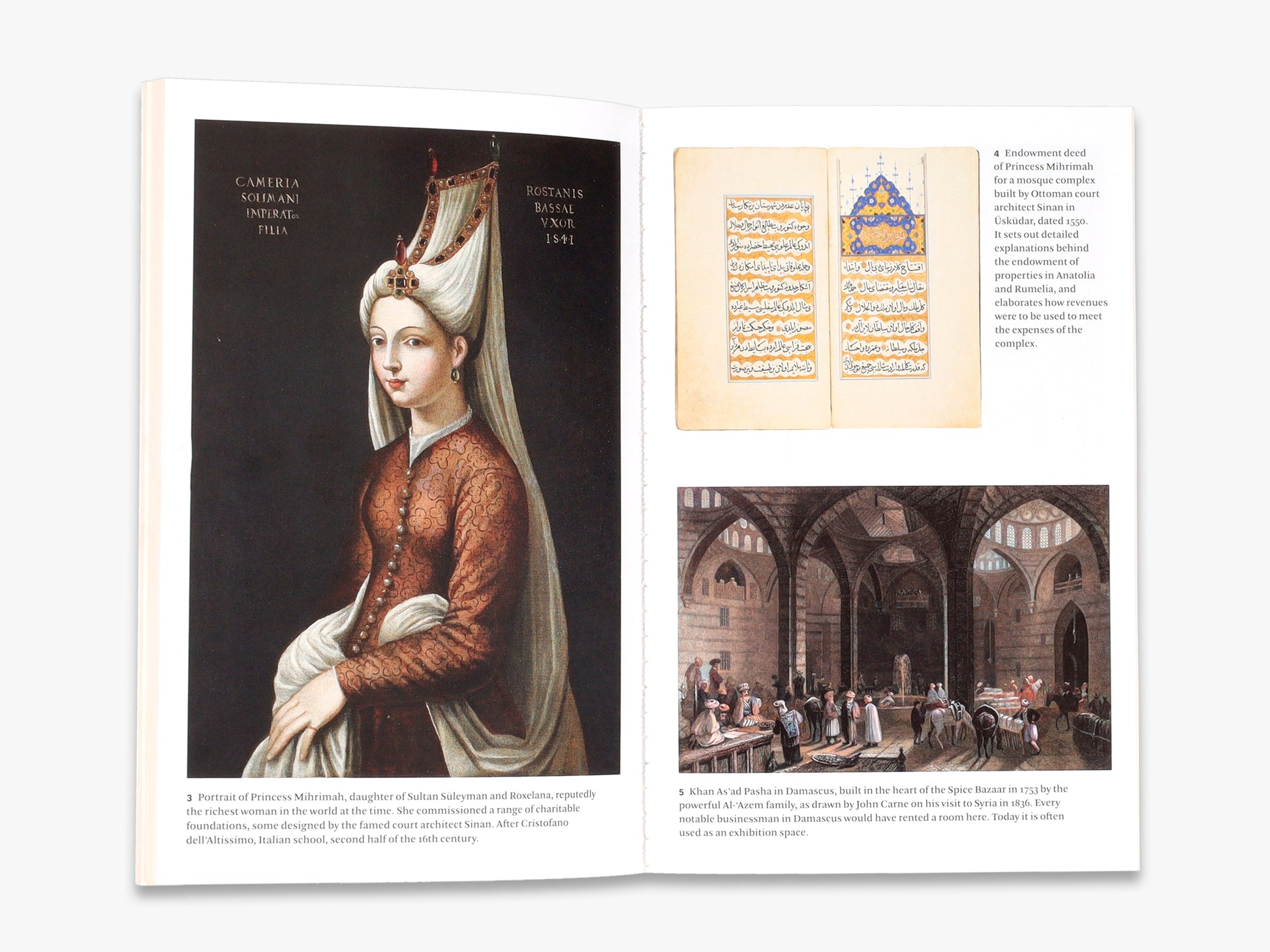 Book open to a page with a portrait of a woman, text, and an illustration of a room.