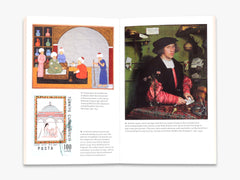 Open book showing historical illustrations and text on a white background