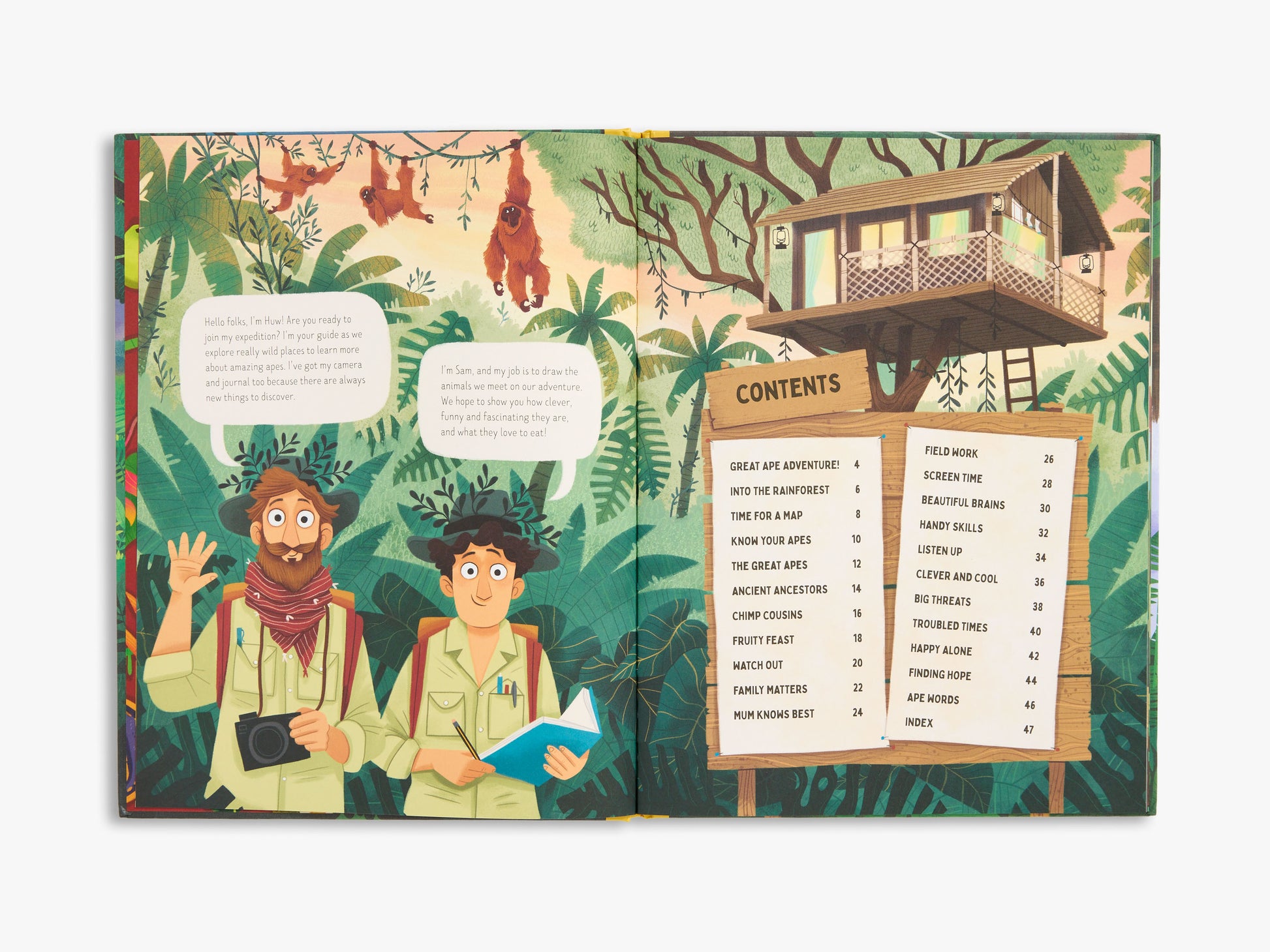 Illustrated book with two characters in a jungle setting and a treehouse.