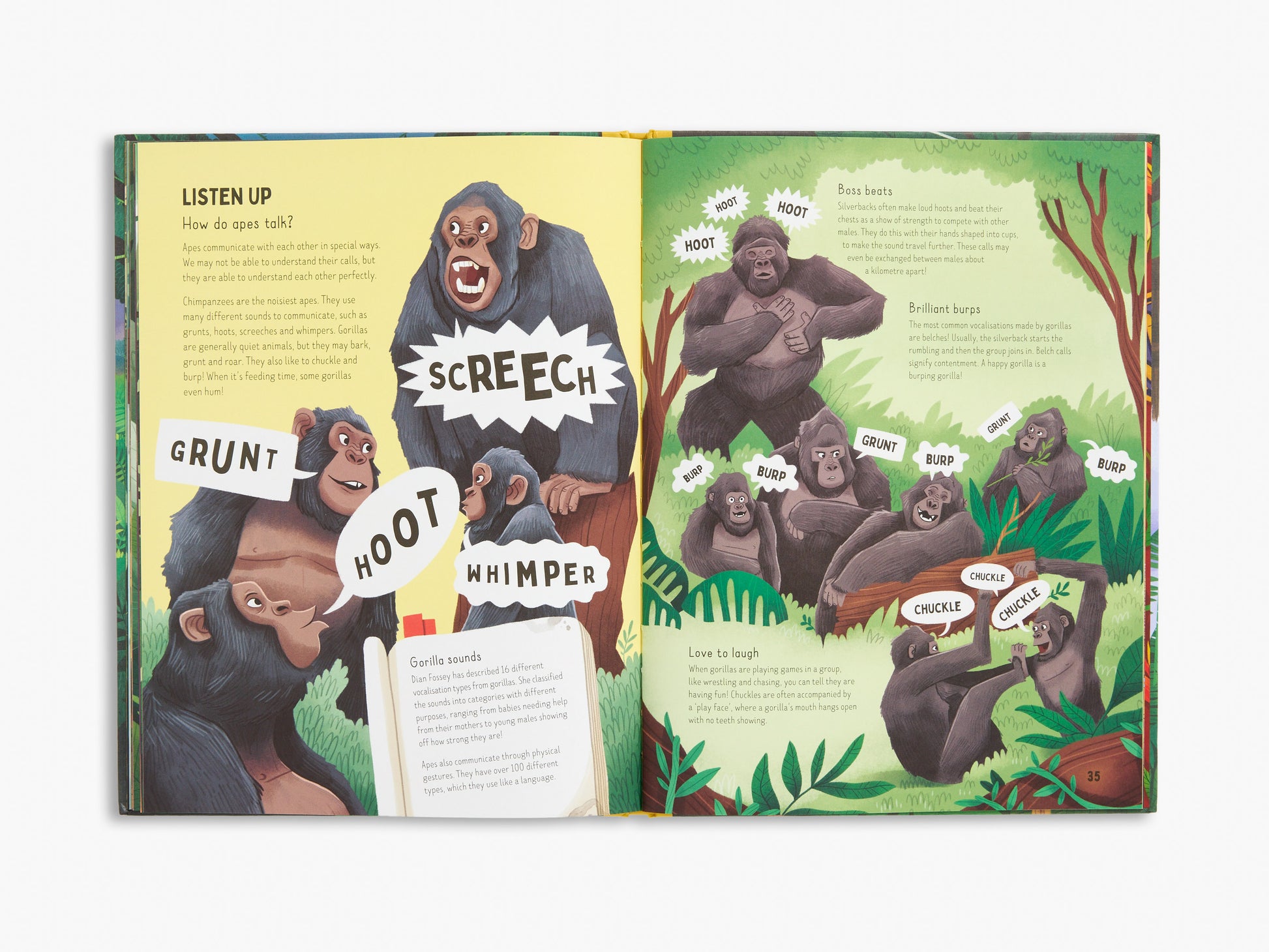 Illustrated book open to a page with gorillas and speech bubbles showing different sounds they make.