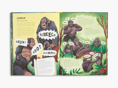 Illustrated book open to a page with gorillas and speech bubbles showing different sounds they make.