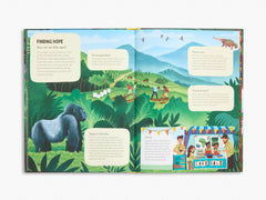 Open book with illustrations of a gorilla, people in a park, and a camp scene on a white background.