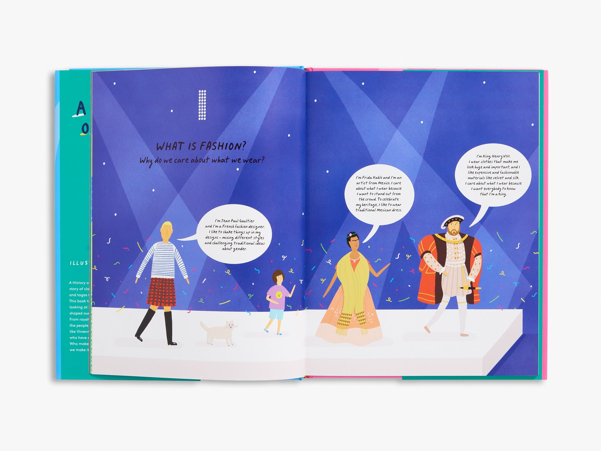 Open book with colorful illustrations and text on fashion, featuring people in different outfits.