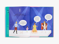 Open book with colorful illustrations and text on fashion, featuring people in different outfits.