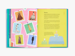 Open book with illustrations of dresses on a pink background