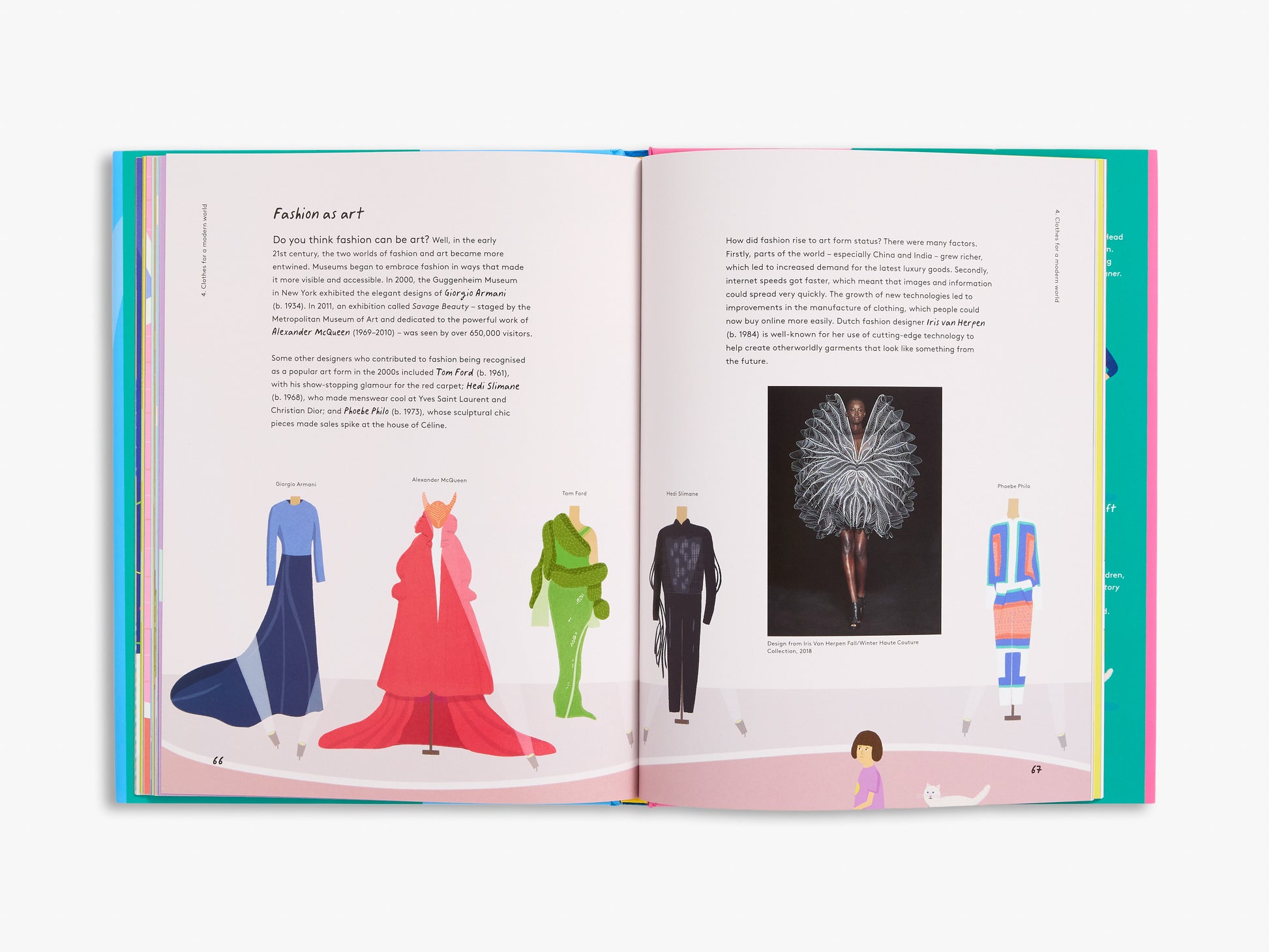 Open book showing fashion illustrations and text on a white background