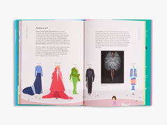 Open book showing fashion illustrations and text on a white background
