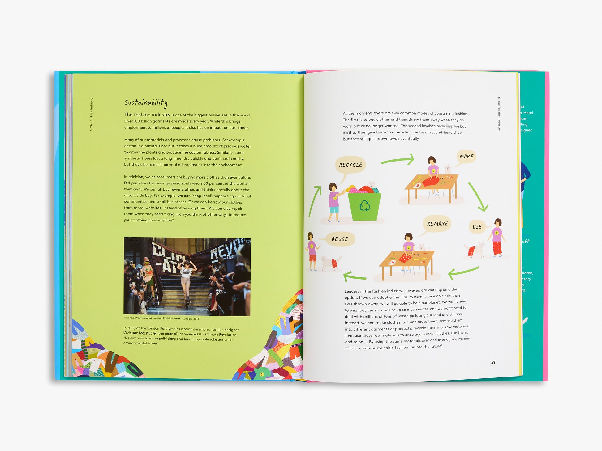 Open book showing pages with illustrations and text on sustainability.