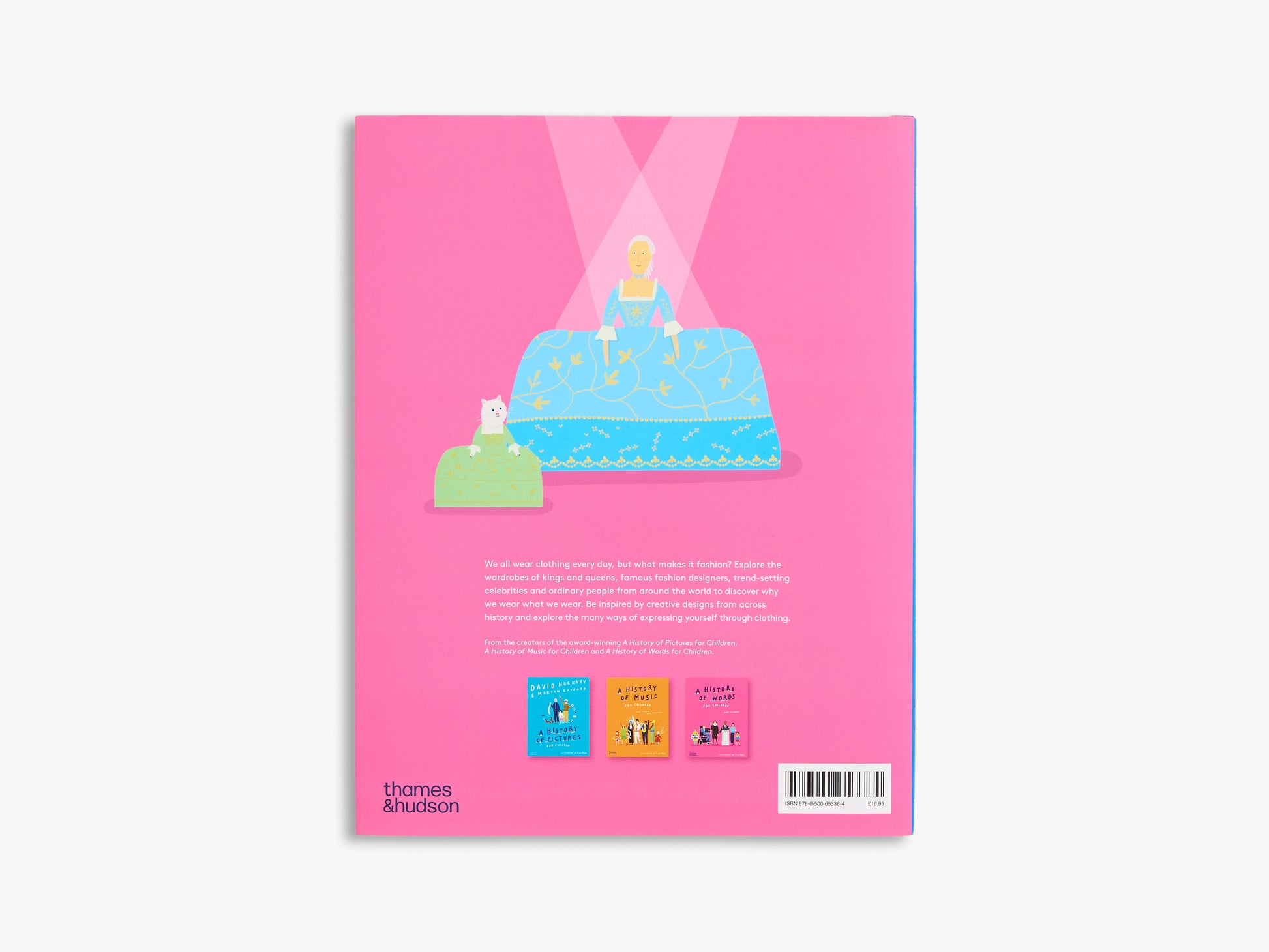 Book cover with a pink background, illustration of a blue dress on a white background