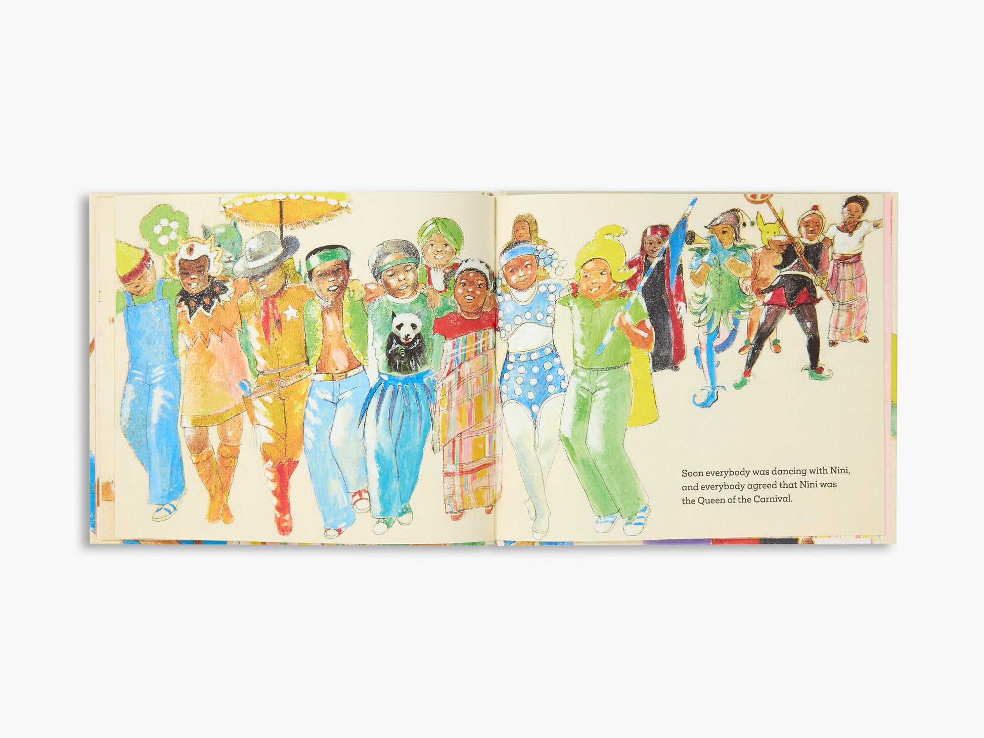 Illustrated book open to a page with colorful drawings of people in costumes on a white background.