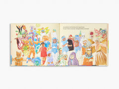 Illustrated book open to a page with colorful characters on a white background