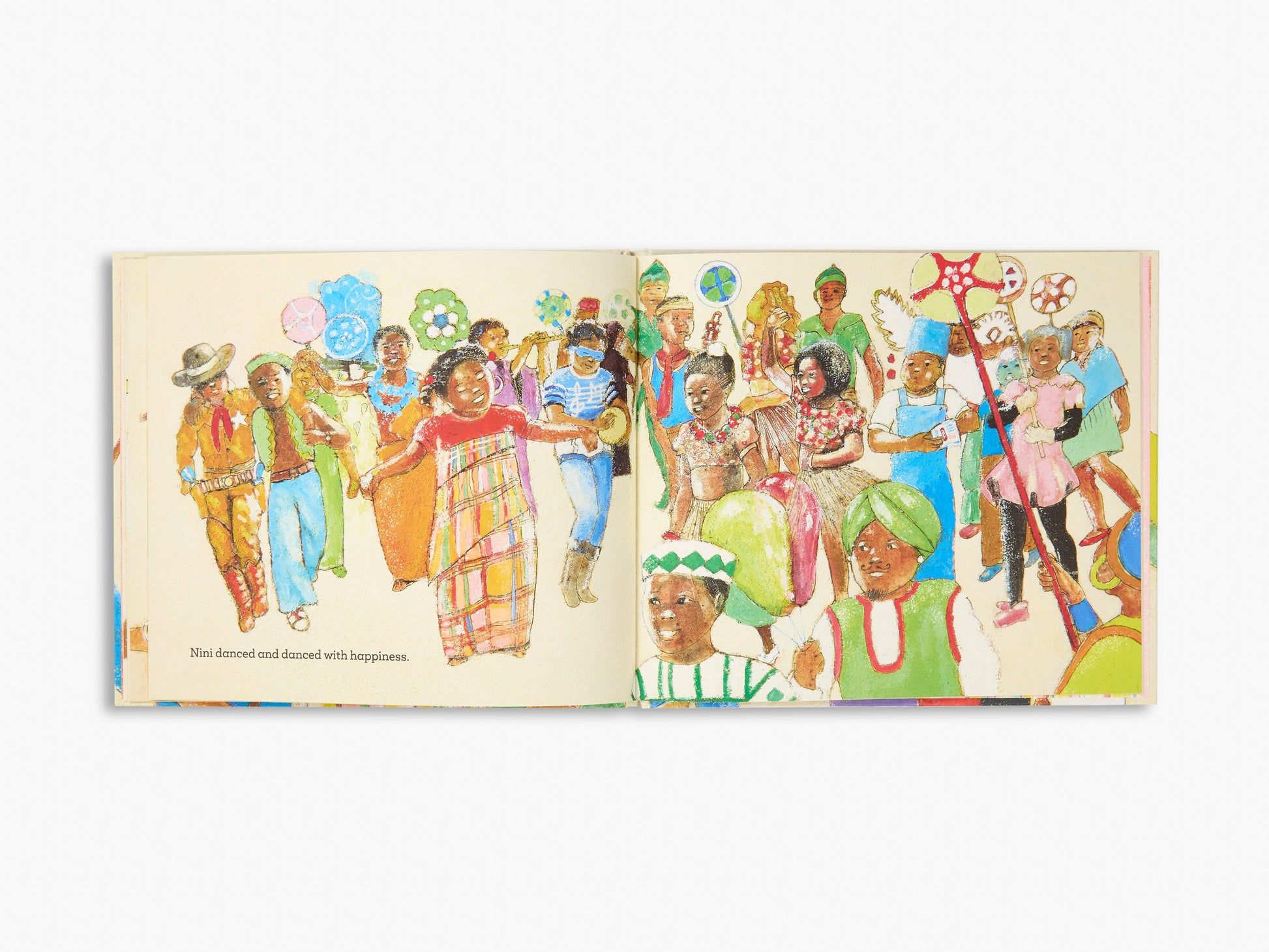 Illustrated book open to a page with colorful characters on a white background