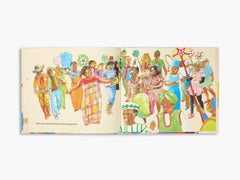 Illustrated book open to a page with colorful characters on a white background