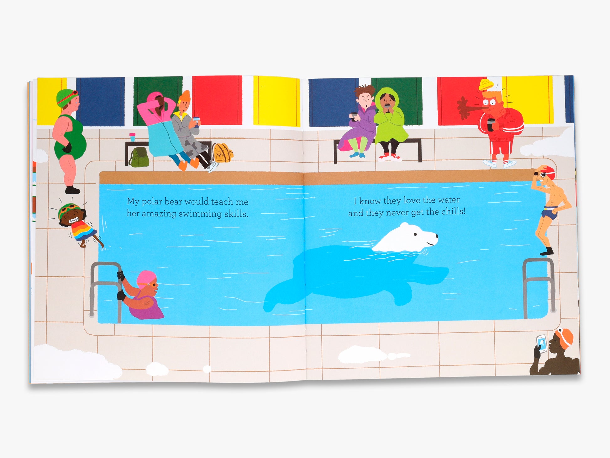 Illustrated book page with a pool scene and polar bear, colorful flags in the background