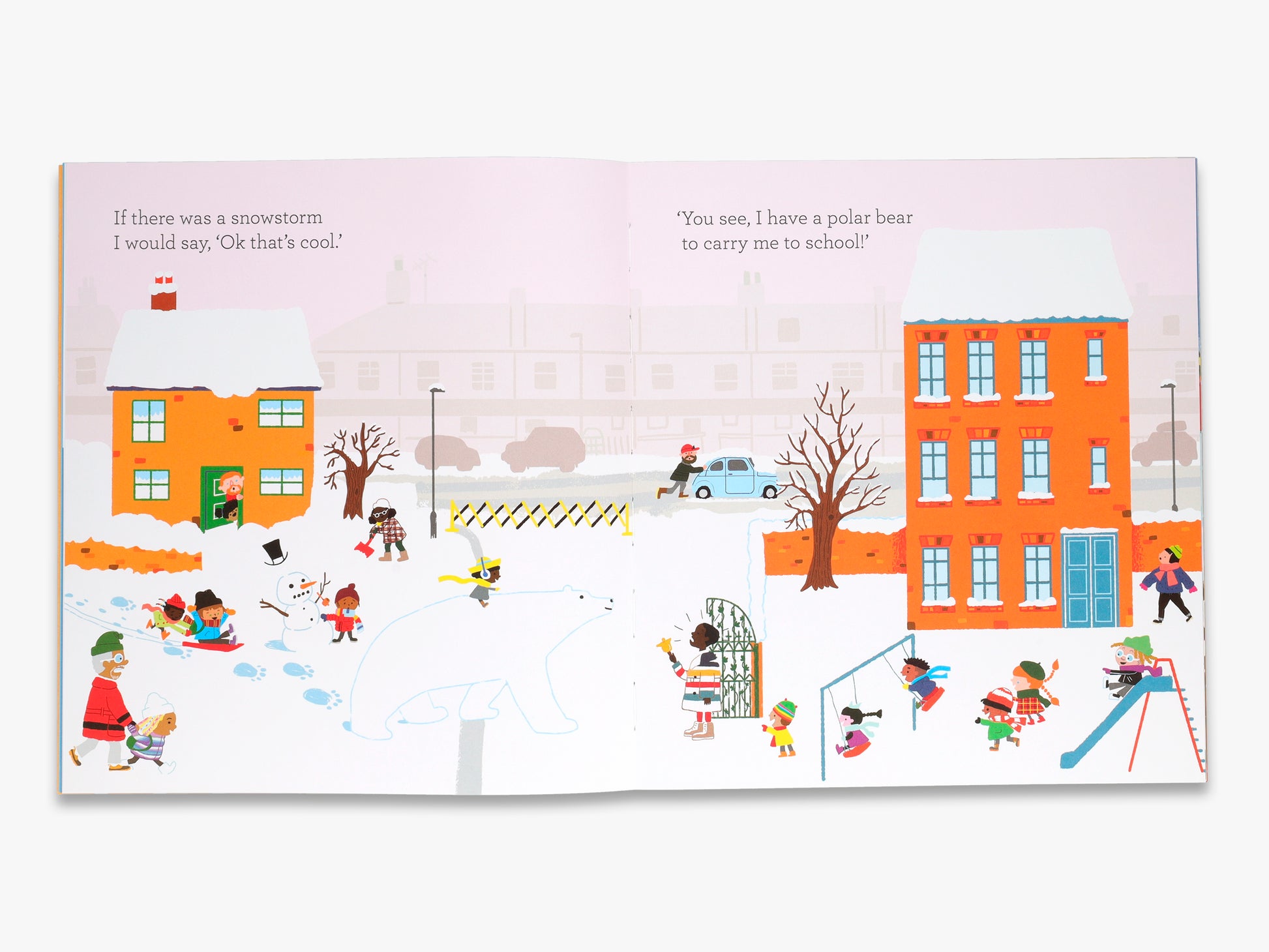 Illustrated children's book page with a snowy scene and children playing.