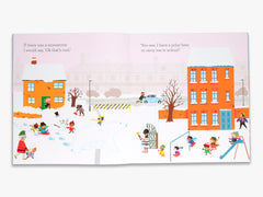 Illustrated children's book page with a snowy scene and children playing.