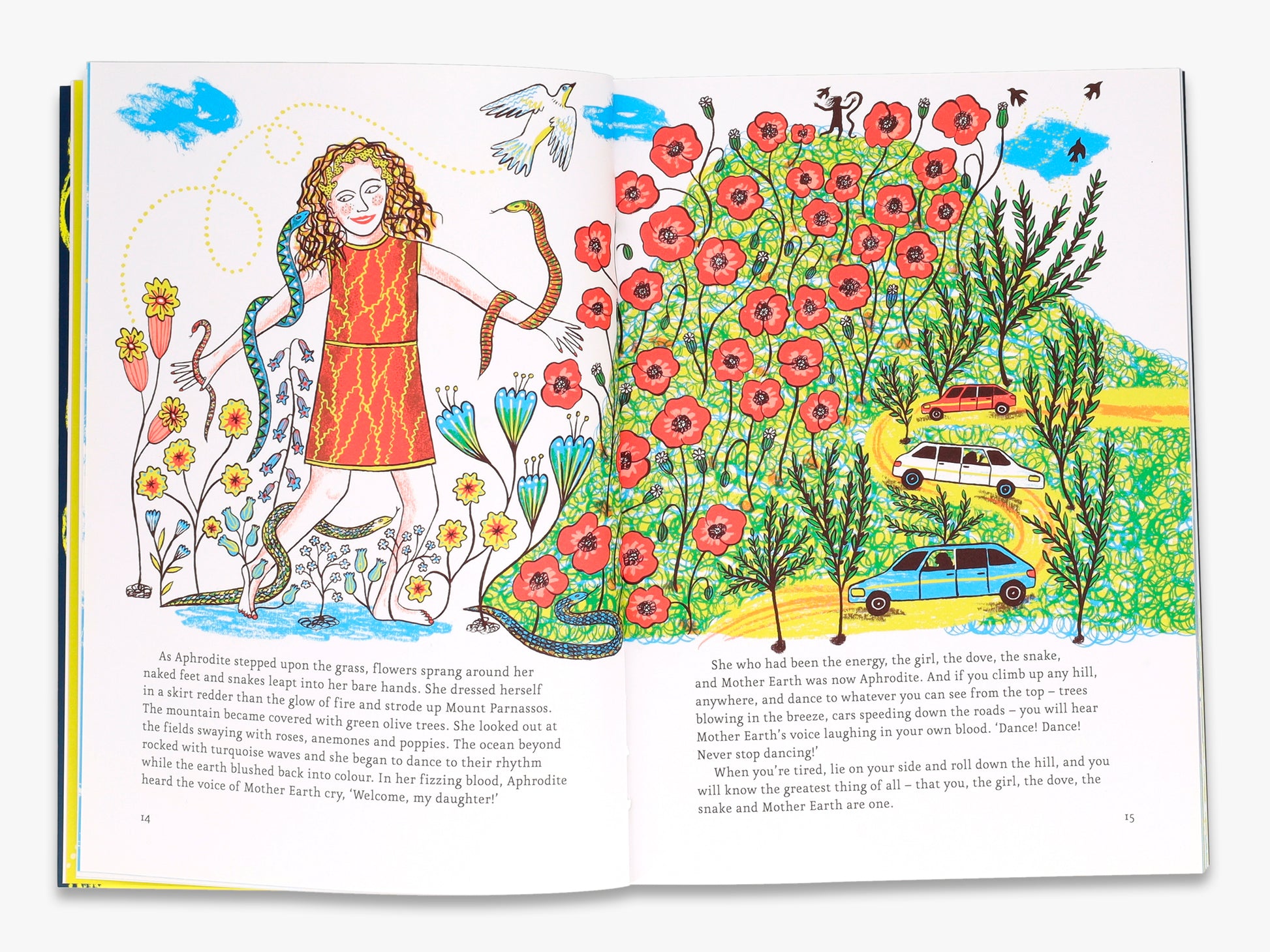 Illustrated book page with a woman, flowers, and cars in a colorful scene