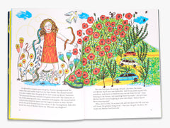 Illustrated book page with a woman, flowers, and cars in a colorful scene