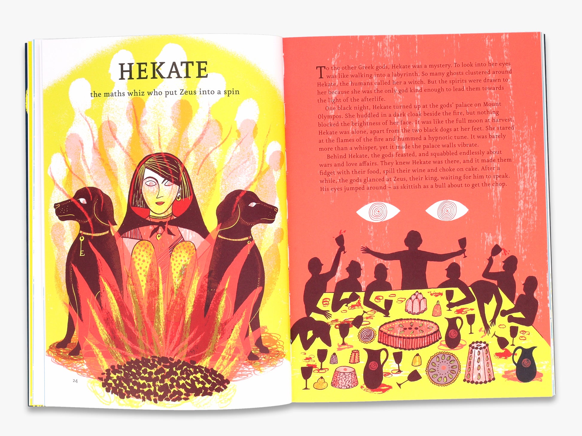 Illustrated book page with Hekate, a goddess, and her dogs on a yellow background, and a table scene on a red background.