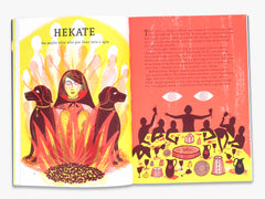 Illustrated book page with Hekate, a goddess, and her dogs on a yellow background, and a table scene on a red background.