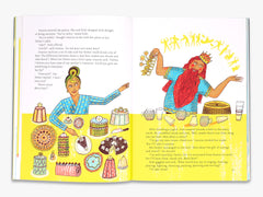Illustrated book open to two pages with characters and cake illustrations on a yellow background