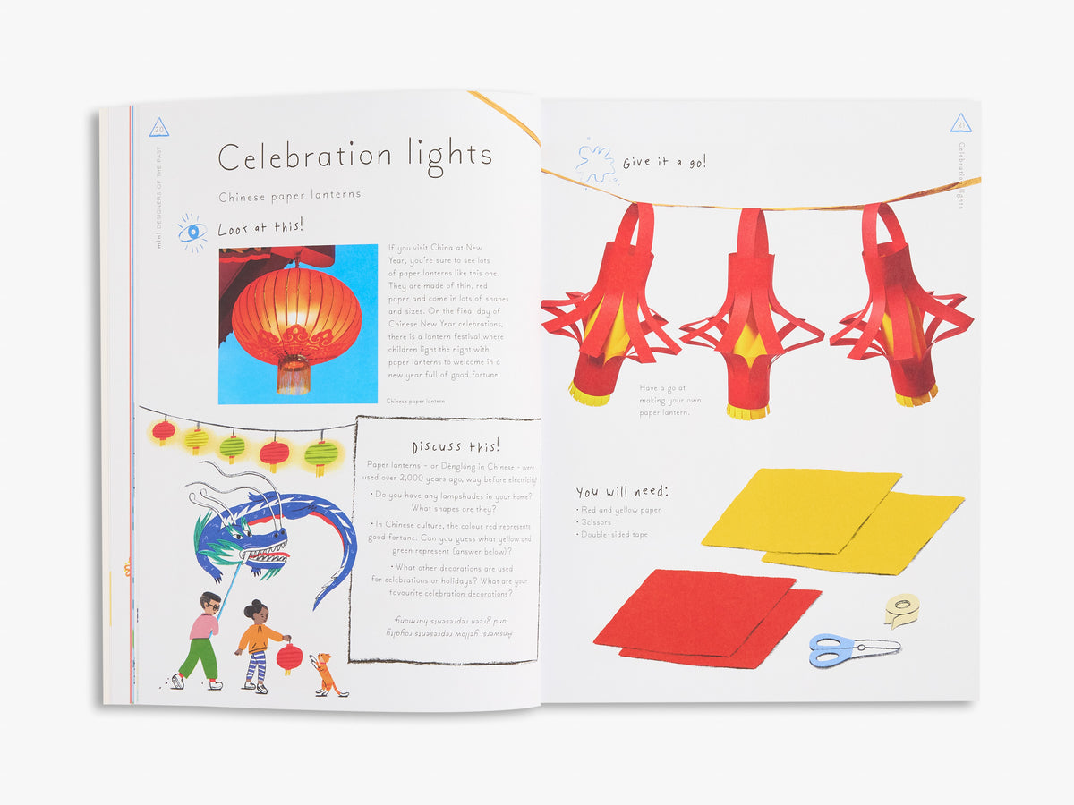 Children's craft book open to a page with red and yellow paper cutouts and instructions.