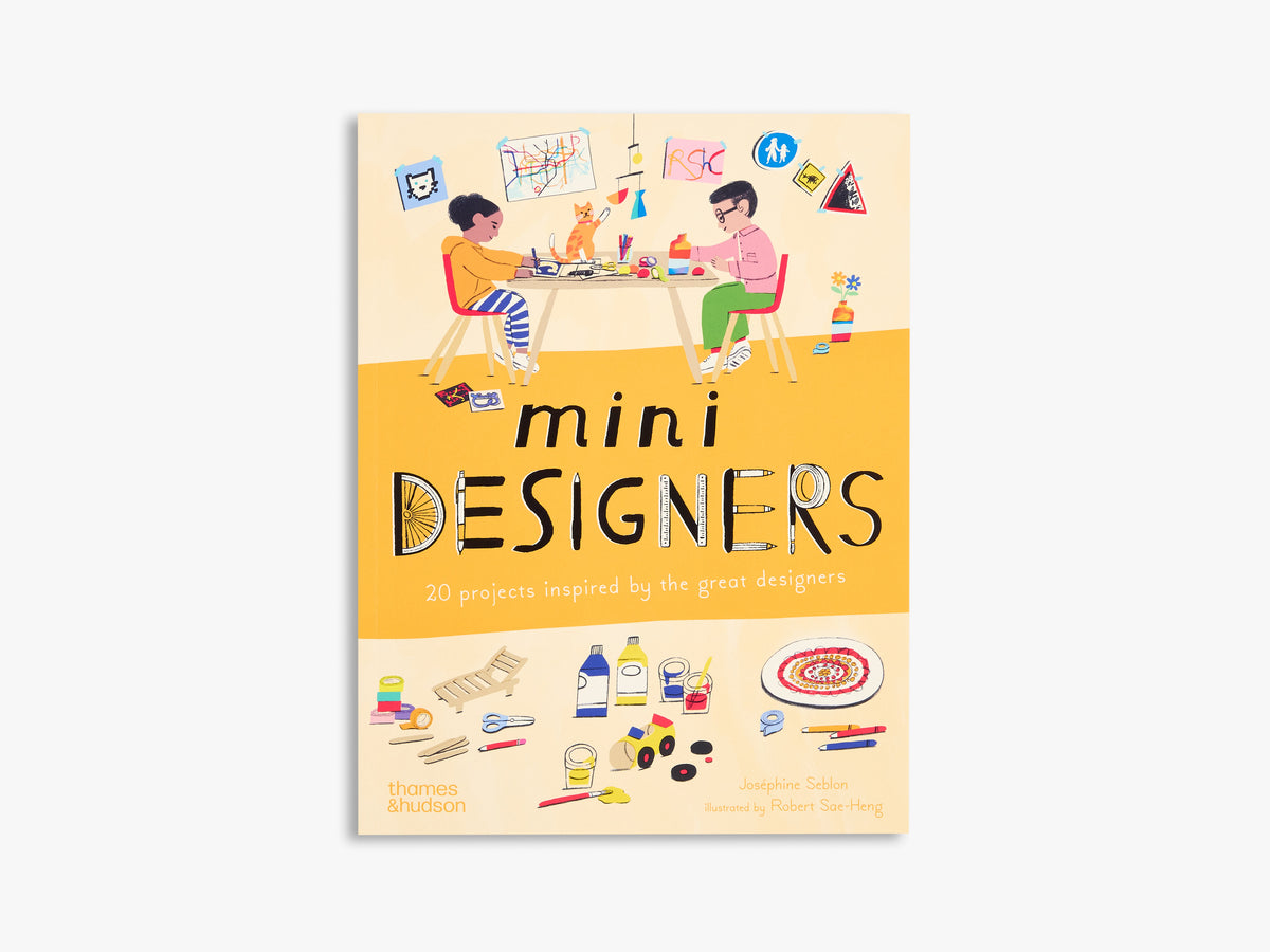 Book cover of 'mini DESIGNERS' with illustrations of children and design elements on a yellow background.