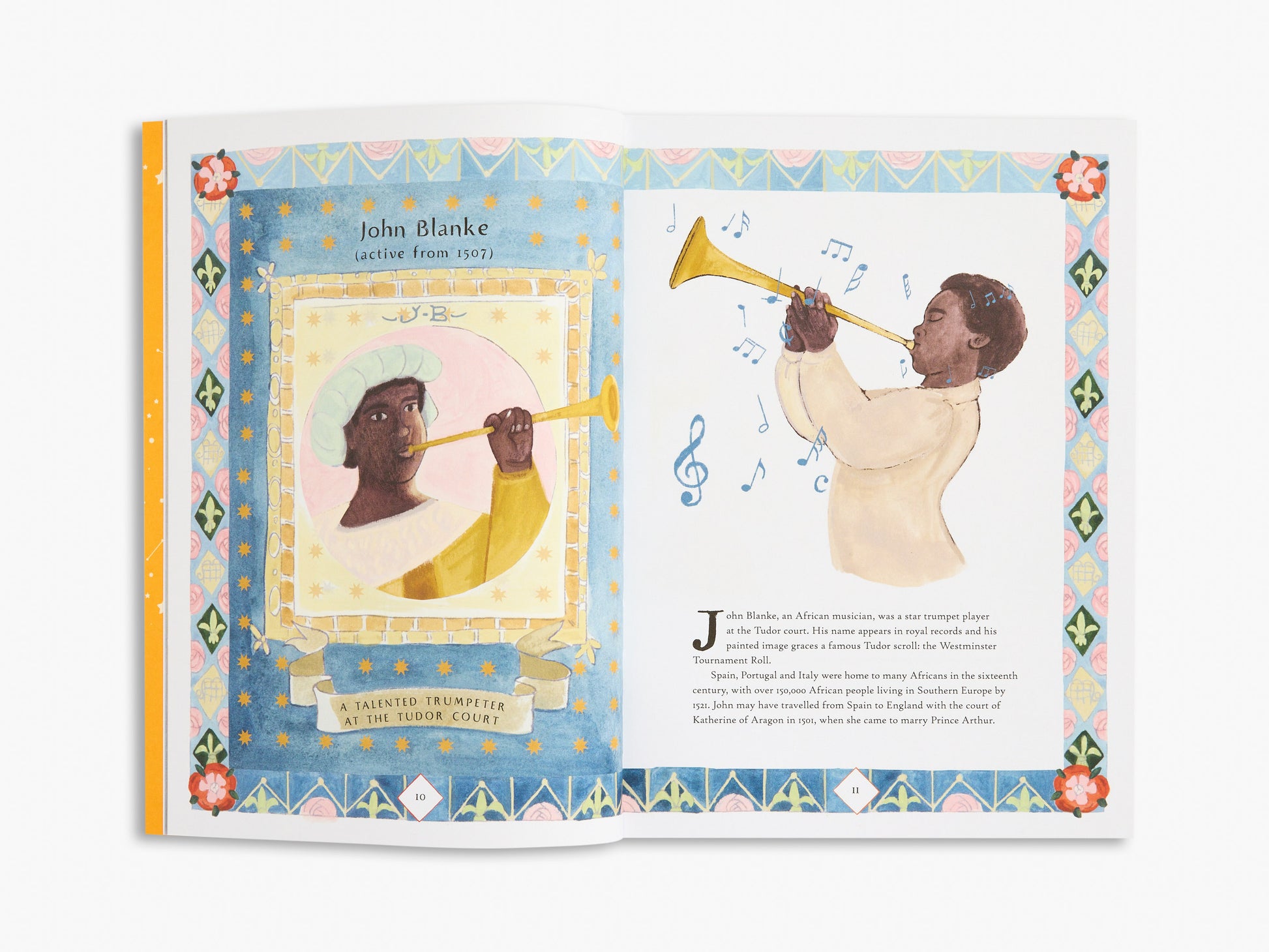 Illustrated book open to a page with a musician playing a trumpet, surrounded by decorative elements.