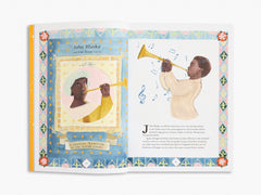 Illustrated book open to a page with a musician playing a trumpet, surrounded by decorative elements.