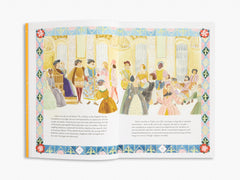 Illustrated book page with a scene of people in formal attire in a grand hall.