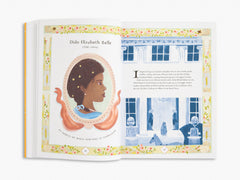 Open book with illustration of a woman and text on a white background