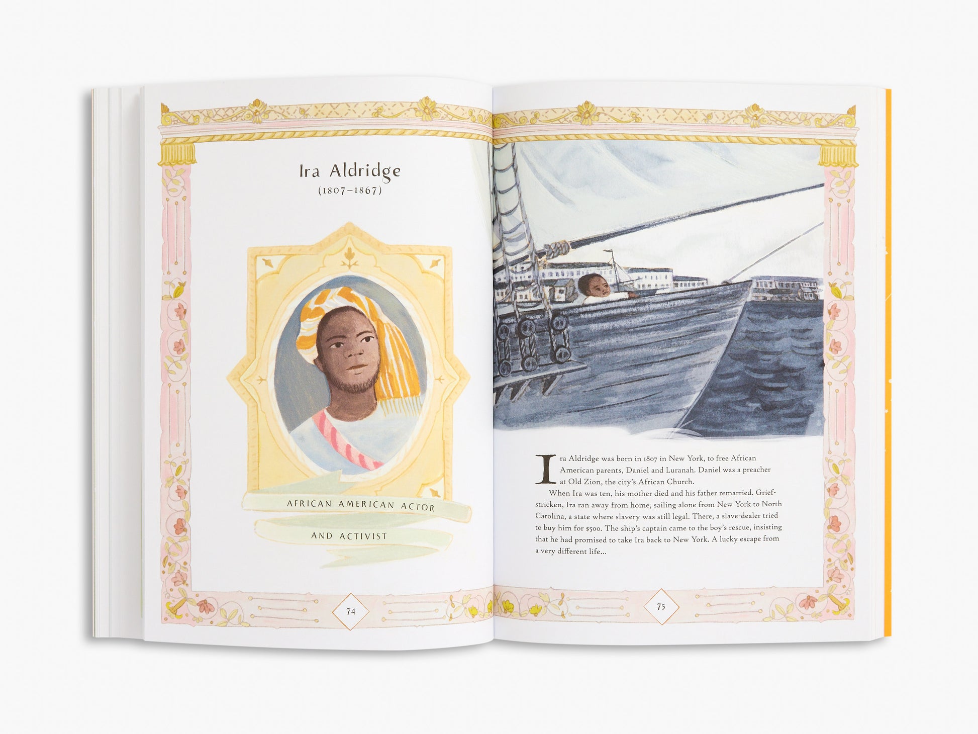 Open book with a portrait of a woman and a ship illustration on a white background