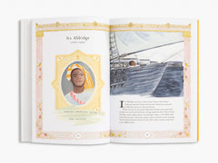 Open book with a portrait of a woman and a ship illustration on a white background